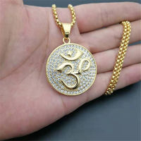 Hip Hop Round Indian Yoga Pendant With Box Chain Gold Color Stainless Steel OHM Hindu Buddhist AUM OM Necklaces India Jewelry