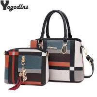 2pcsset Casual Plaid Shoulder Bag Fashion Stitching Design Messenger Brand Female Totes Crossbody Bags Women PU Leather Handbag