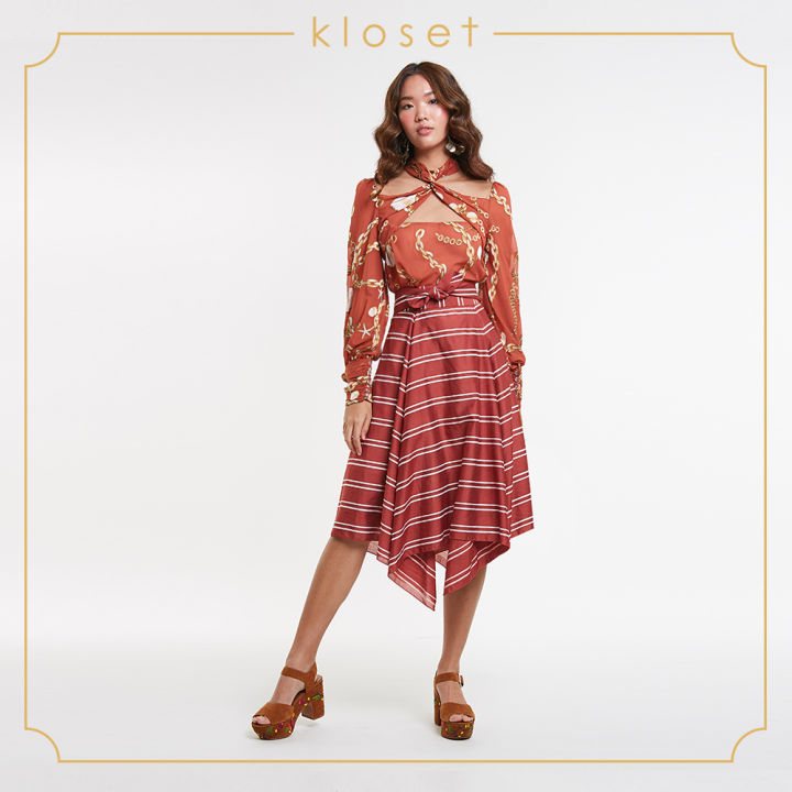 kloset-striped-asymmetric-skirt-ss20-s006-กระโปรงแฟชั่น-กระโปรงลายริ้ว-เสื้อผ้าแฟชั่น