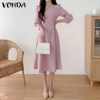 (จัดส่งฟรี)Fancystyle VONDA ชุดเดรสแขนยาวทรงเอไลน์เก็บเอวหรูหราสำหรับผู้หญิงชุดเดรสเดินทางคอกลม