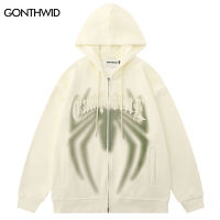 Hip Hop Spider Double Zipper Hoodie Coat Y2K Embroidery Letter Graphic Print Zip Hooded Sweatshirt Jackets 2023 Harajuku Coats