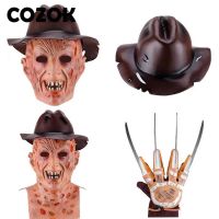 【Lao Zhang Fashion Cosplay】 COZOK Máscara De Horror De Halloween Máscara De Freddy Krueger Killer Guantes De Cosplay Sombrero Máscara De Látex De Cabeza Completa Accesorios De Fiesta De Mascarada