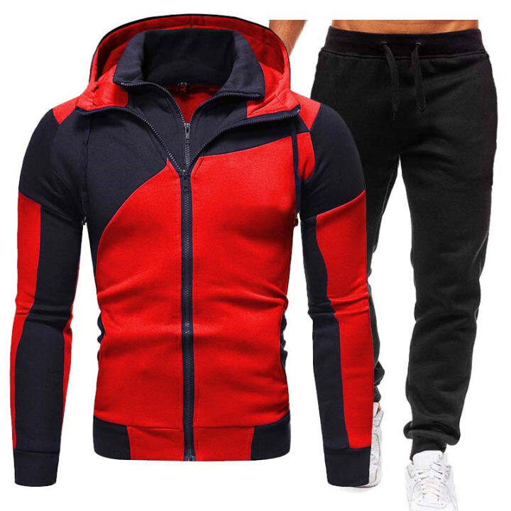 Men Two Piece Set Tracksuit Warm Casual Set Patchwork Zipper Hoodie Jacket+Sport Pants Jogging Male Sports Set Winter