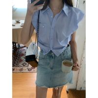 [Free Shipping] Fast Delivery Spring/Summer New Fashion Wide Shoulder Small Flying Sleeve Design Shirt for Women New~sal~Hem Waist Short Design Tri Color