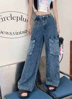 S-XL Summer American Style women Vintage Pocket long denim pants High waist Wide Leg Denim jeans Trousers for womens(L9007