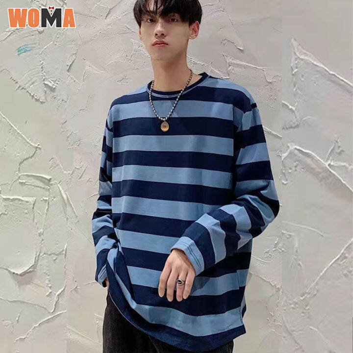 woma-เสื้อคู่-เสื้อแขนยาวทรงหลวมคอกลม-เสื้อยืดเกาหลีลายทางสไตล์ลำลองสำหรับผู้ขาย-แฟชั่นทันสมัย-เข้าชุดได้ง่าย