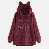 {AH Department Store}Casual Cat Ear Hooded Pullovers Women Hoodies Polyester Coat With Pocket Soft Autumn Winter New Double Sided Plush Long Sleeve