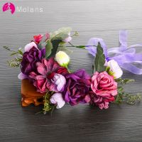 MOLANS Bride Wedding Party Flower Headband Headdress Women Purple Floral Crown Headbands Wreath Hair Bows Accessories