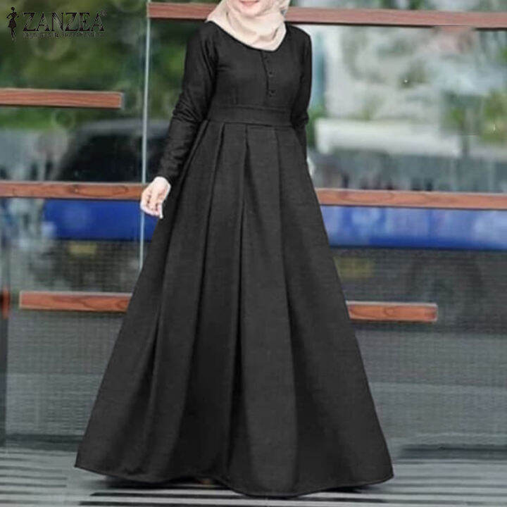 เคลียร์สต๊อกขาย-จัดส่งฟรี-fancystyle-zanzea-muslimah-ผู้หญิงมุสลิมเต็มแขน-abaya-maxi-dress-วินเทจคอกลมพรรคชุด-a-line