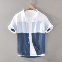 1728 Men Summer Fashion Japan Simple Harakuju High Quality 100 Linen Fabric Gradient Patchwork Short Sleeve Casual Slim Shirts