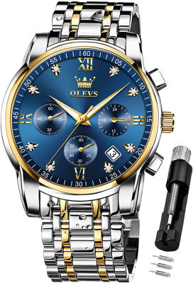 OLEVS Mens Watches Chronograph Business Dress Quartz Stainless Steel Waterproof Luminous Date Wrist Watch two tone blue