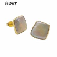 WT-MPE027 Wholesale natural freshwater square pearl studs lady fashion gold filled real white pearl earrings studs gift studs