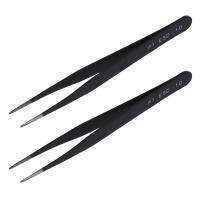 2X Black Metal Straight Sharp Tip Tweezer