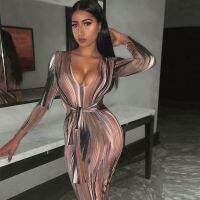 【CW】☁  Bandage Waist 2023 V-neck Dresses Ladies Tie-dye Print Tight