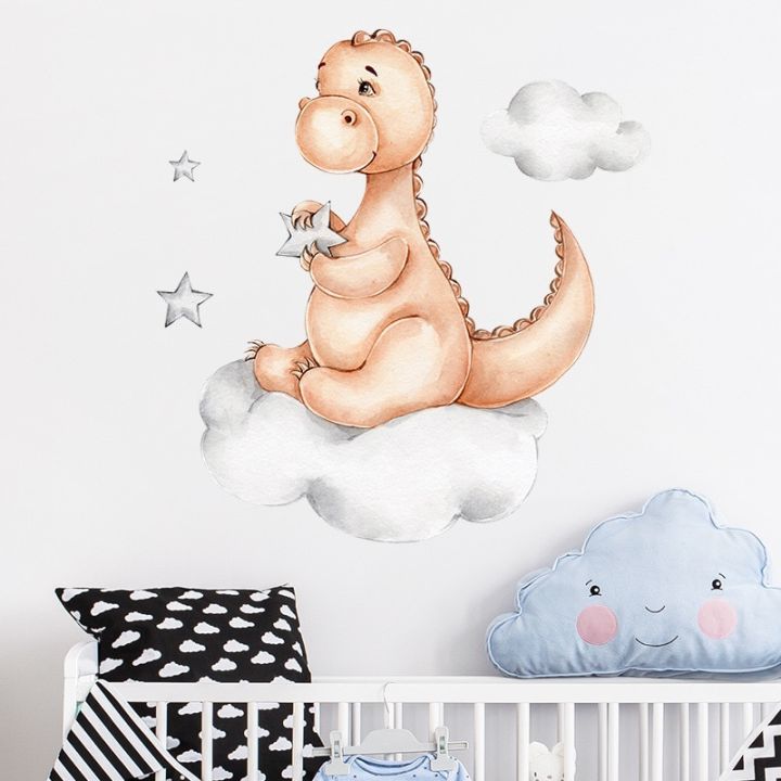 cartoon-baby-dinosaur-sitting-on-the-cloud-stars-wall-stickers-for-kids-room-baby-nursery-room-wall-decals-decorative-stickers