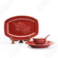 Creative Relief Peony Dinner Set Plates And Dishes Red Ceramic Dinner Plates And Bowls Tableware Wedding Housewarming Gift Home