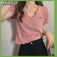 ANRUO เสื้อยืดแขนสั้นผ้าถักลายผ้าไอซ์ซิลค์สำหรับผู้หญิง,เสื้อยืดมีหูทำจากไม้สไตล์ต่างประเทศเสื้อคอวีเสื้อยาวปิดถึงก้นลายวาฟเฟิลสำหรับฤดูร้อน