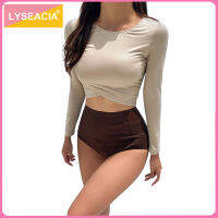 LYSEACIA M-XL ชุดว่ายน้ำแขนยาวชุดว่ายน้ำสองชิ้นแบบเต็มตัวชุดสาวเซ็กซี่ Crop Top ชุดอาบน้ำเอวสูงกางเกงขาสั้นสองชิ้นชุดว่ายน้ำ Beachwear