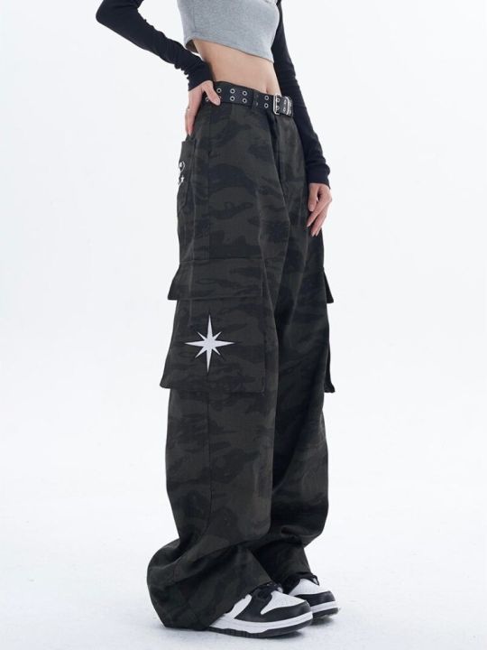 ชุดฮิปฮอปกางเกงผู้หญิงคาร์โก้ลายพรางย้อนยุคสำหรับ-y2k-ย้อนยุคของผู้หญิงกางเกงขายาวกว้างปักลายดาวแนวสตรีท
