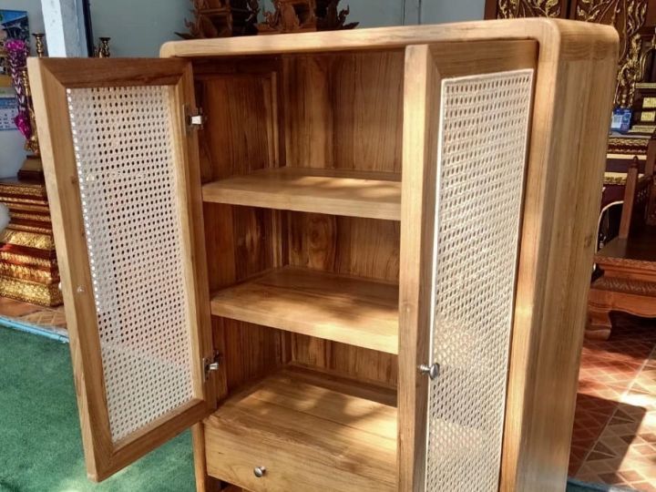 จัดส่งทั้งตู้-ตู้ไม้สัก-ผสมงานหวาย-สูง-135x80x40-cm-สีสัก-3-ชั้น-2-ลิ้นชัก-ตู้ไม้วินเทจ-ตู้ไม้วินเทจ-ไม้สักเก่า-แข็งแรง-teak-wooden-cabinet-rattan