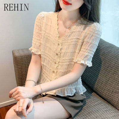 REHIN เสื้อผู้หญิงแขนสั้นคอวีเสื้อชีฟองอุตสาหกรรมหนักอเนกประสงค์,ใหม่แฟชั่นสไตล์เกาหลีฤดูร้อน