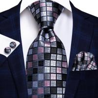 Hi-Tie Designer Grey Plaid Novelty Silk Wedding Tie For Men Handky Cufflink Gift Mens Necktie Fashion Business Party Dropshiping Ties