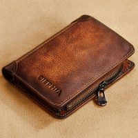 ZZOOI Genuine Leather Wallets for Men Vintage Short Multi Function Business Purse RFID Blocking Zipper ID Credit Card Holder Money Bag