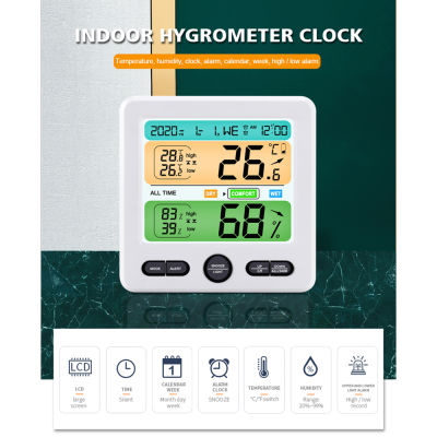 Fansline- Digital Hygrometer เครื่องวัดอุณหภูมิในร่มพร้อมจอแอลซีดีสีหน้าจออุณหภูมิความชื้นเมตรบน/ล่างจำกัดปลุกปฏิทินนาฬิกาสัปดาห์ฟังก์ชั่นสำหรับบ้านห้อง