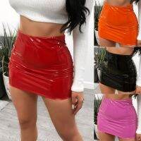 Women Sexy Skirts Glossy Patent Leather Miniskirt Solid Color Elastic Waistband Pencil Skirt Shiny Wet Look Latex Skirt Clubwear