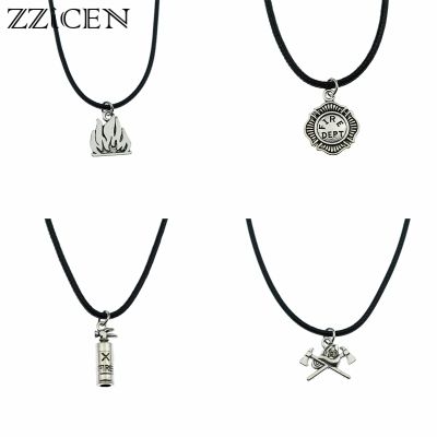 New Firefighter Collection Charms Antique Tone Fireman Fire Dept Flame Extinguisher Pendant Leather Necklace Gift Jewelry