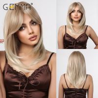 GEMMA Medium Wavy Ombre Golden Blonde Layered Synthetic Wig with Side Bangs for Women Natural Cosplay Heat Resistant Fibre Hair [ Hot sell ] Decoration Center