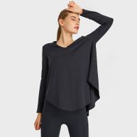 Black Long Sleeve V Neck Workout Clothes for Women Loose Fit Soft Nylon Fitness Yoga Shirts Casual Fall Tops Full Length Shirt