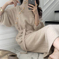 2021 French Niche Fall Winter Outfits Loose And Thin High-neck Sweater Two-wear Lace-up Waist Knitted Dress