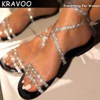 KRAVOO รองเท้าแตะผู้หญิงสายรัดโปร่งใส PVC แวววาวเพชรเทียมยางแบนแต่เพียงผู้เดียวหัวเข็มขัดข้อเท้าหรูหราเซ็กซี่รองเท้าสตรี Whosale