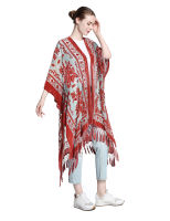 WeHello Bohemian Women S Burnout Velvet Kimono Long Cardigan With Tassel Beach Cover-Up Holiday Casual Cardigan Shawl JYPF-5