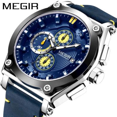 Megir Watch Mens Fashion Large Dial Multi-Function Chronograph Calendar Leather Mens Watch 2098