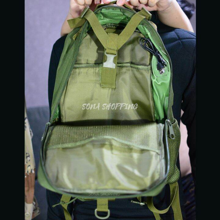 กระเป๋าเป้ทหารarmy-plain-green-camouflge-สีเขียวล้วน-สะพายหน้า-หลัง-มีช่องต่อusbเน้นความสะดวกในการเดินทาง