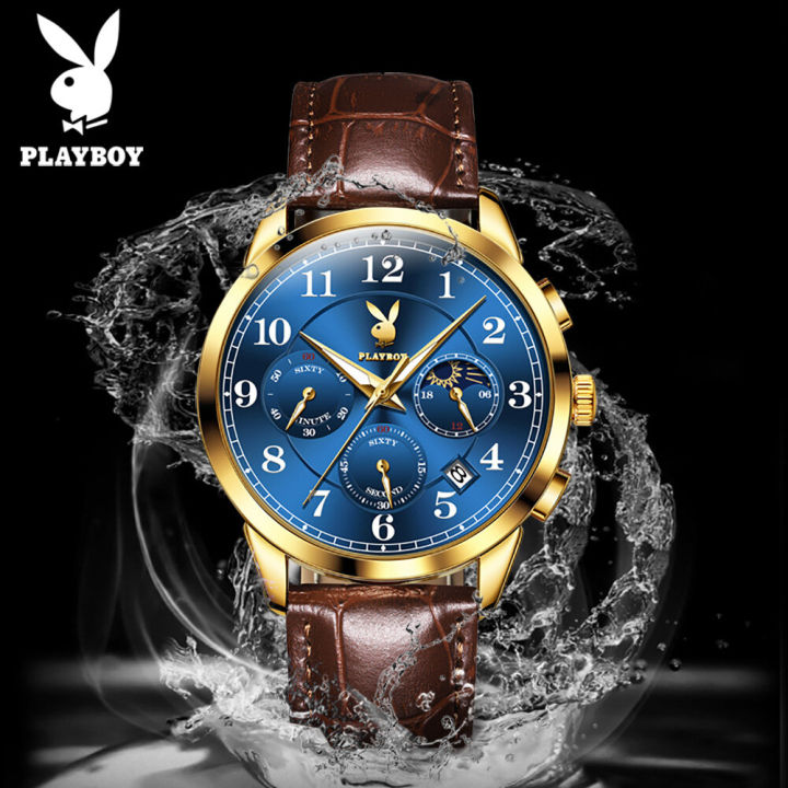 playboy-นาผฬิกาข้อมือ-ชาย-กันน้ำ-สายหนังแท้-เรืองแสง-มัลติฟังก์ชันโครโนกราฟ-2023-ใหม่