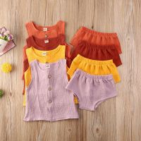 Summer Casual Toddler Infant Baby Girls Outfits Suits Cotton Linen Solid Button Vest Tops PP Shorts Bottoms 2Pcs Clothes Set  by Hs2023