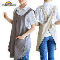 Twister.CK Women Apron Cotton Linen Solid Color Simple Japanese Korean Style Slip Off Cross-shoulder Straps Spacious 2 Pockets Antifouling Pinafore