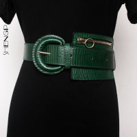 SHENGPALAE fashion solid color Pu leather belt womens spring 2022 new green round Round buckle with bag Girdle female tide