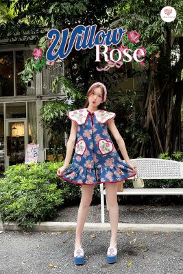 Mariadiamond Willow Rose Dress สียีนส์ เดรสยีนส์ลายกุหลาบ เดรสยีนส์วินเทจ เดรสยีนส์สั้น เดรสงานปกปัก