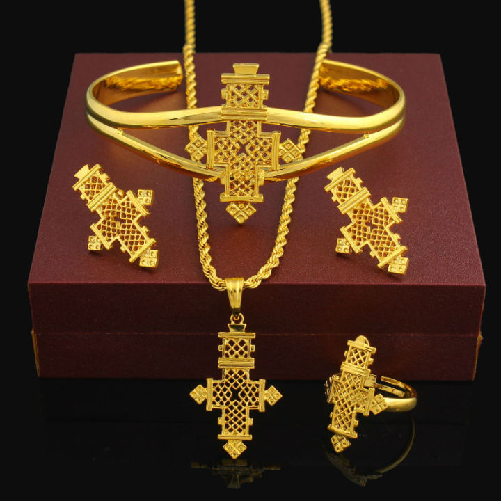 ชุดเครื่องประดับเอธิโอเปียร้อน24k-gold-color-coptic-crosses-ชุดเคนยาไนจีเรียซูดานเอริเทรียhabasha-เครื่องประดับจัดงานแต่งงาน