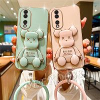 เคสนิ่มสำหรับ Honor 90 Lite X8a Magic5 Pro 5G 4G พร้อมที่ยึดที่ตั้งรูปหมีน่ารัก + สร้อยข้อมือเคสโทรศัพท์มือถือฝาหลังสีขาวสีดำ Honor90Lite Honor90