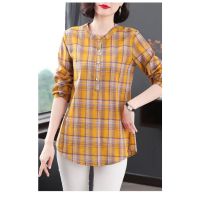 2020 Summer Loose Large Size Lady Long Sleeve Checkered Shirt &amp; Top Plus Size Plain Fashion Middle Age Mom Women Check Blouse Baju - Lengan Panjang Wanita Musim Panas Longgar Blaus Wanita Ibu Zaman Pertengahan Saiz Besar 加大碼格子長袖襯衫女 四十歲中年媽媽上