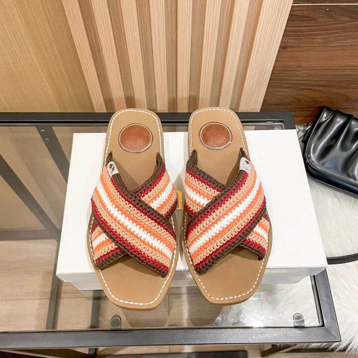 original-label-cross-band-color-matching-woven-flat-bottom-slippers-casual-cross-band-open-toe-slippers-beach-sandals