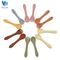 WOLIFE 2Pcs Baby Silicone Spoon and Fork Set BPA-Free Newborn Feeding Tableware Set Toddler Training Feeding Cutlery Utensil Bowl Fork Spoon Sets