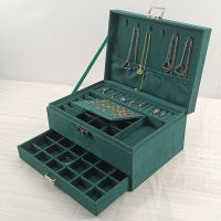 Three-layer dark green velvet jewelry storage box with lock drawer jewelry storage box earrings earrings necklace jewelry box