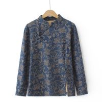 Big Size XL-6XL Womens Stand Collar Floral Embroidery Vintage Shirts Oversized A-line Thick Autumn Winter Female Tops