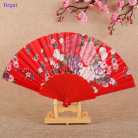 ?【Lowest price】Tirgat พัดลมพับผ้าสไตล์ญี่ปุ่นสไตล์จีนพัดพับได้ผ้าซาตินเรียบมันวาวพัดลมเต้นรำคลาสสิกตกแต่งบ้าน